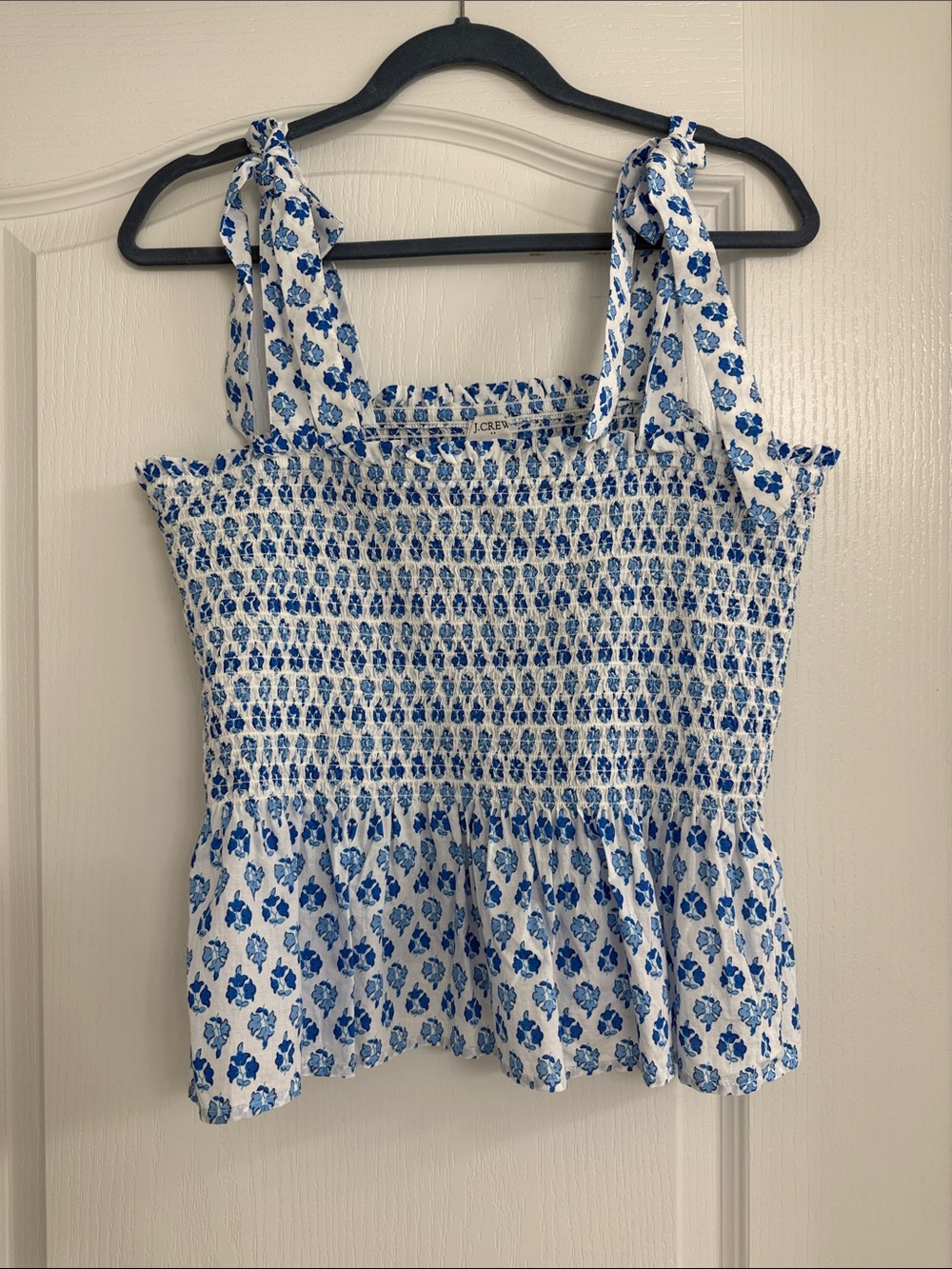 J. Crew White and Blue Floral Smocked Tie-Shoulder Camisole